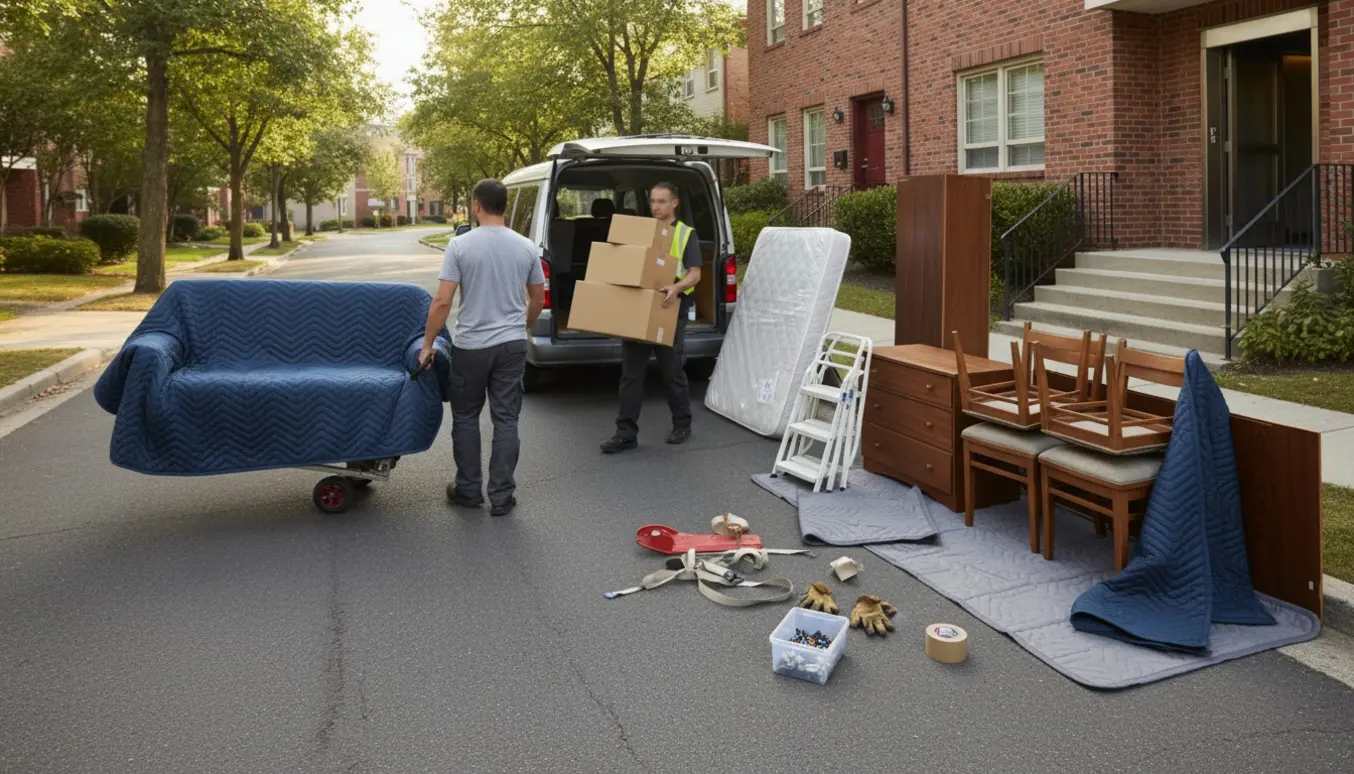 To flyttemænd læsser sofa, seng og kasser fra en forhøjet lejlighed ind i en flyttebil med tæpper og dolly.