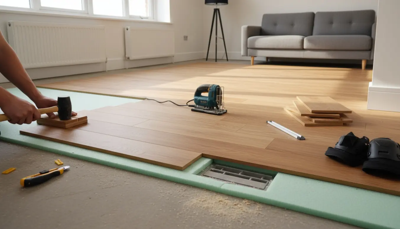 Nærfoto af clickgulvinstallation i en stue med underlag, værktøj og hænder, der klikker en planke på plads nær radiator og gulvrist.