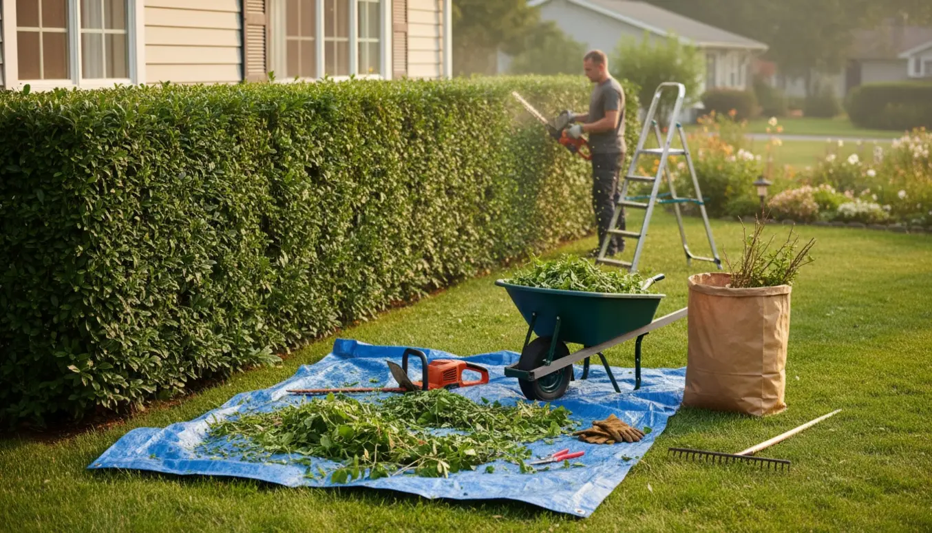 Nogen klipper en tæt hæk ved et hus med opsamlede afklip på en presenning og i en trillebør.