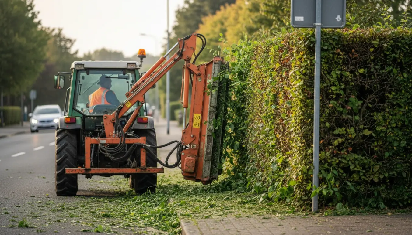 Traktor med vertikal klipper trimmer vejbeplantning og efterlader en ren, lodret skåret hæk.