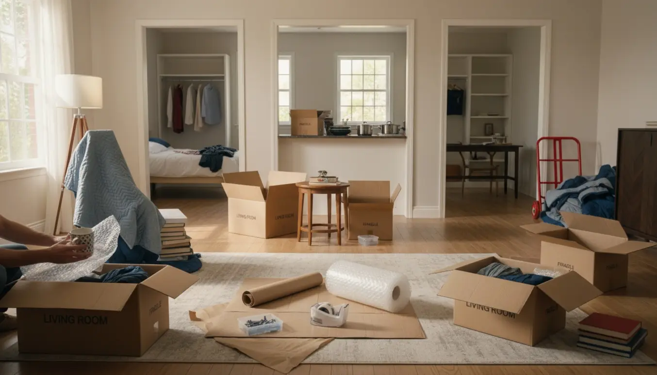 Lyst hjem med flyttekasser, bobleplast og små møbler pakket klar til flytning.