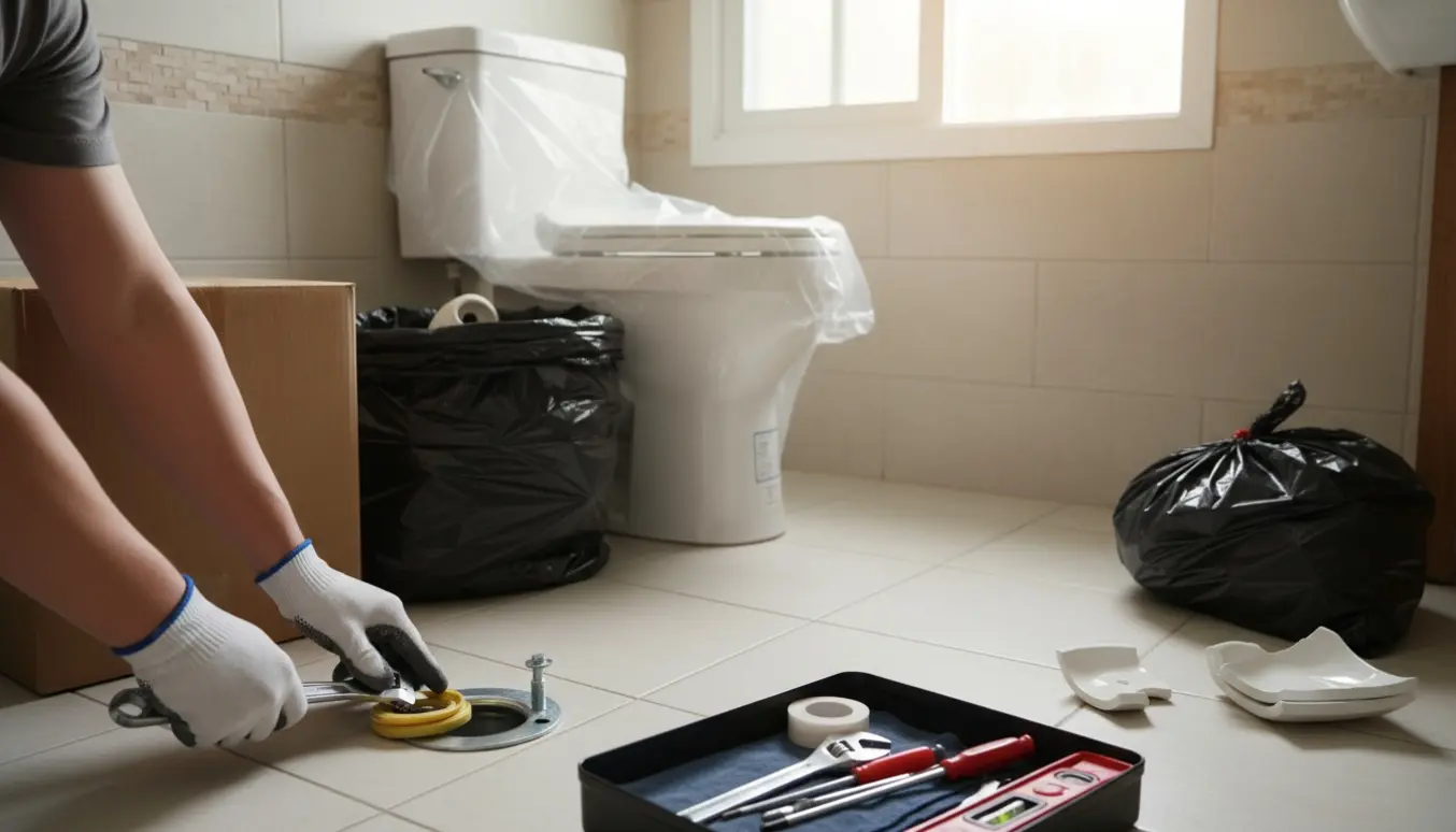 Nyt toilet klar til installation i et badeværelse med værktøj og emballage synlig.