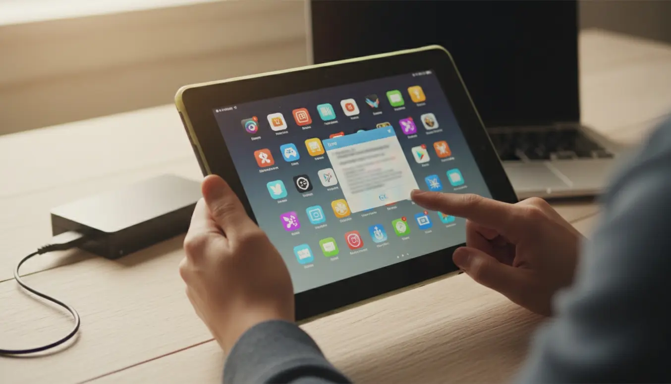 En ældre tablet med en fejldialog på skærmen, spil-ikoner synlige og hænder uden ansigter der forsøger at løse problemet.