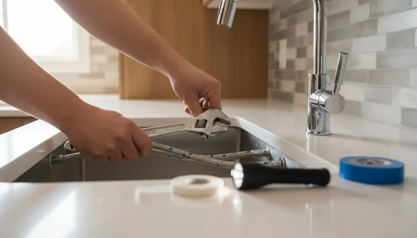 Nærbillede af hænder, der tilslutter armatur til vandforsyning ved en ny køkkenvask.