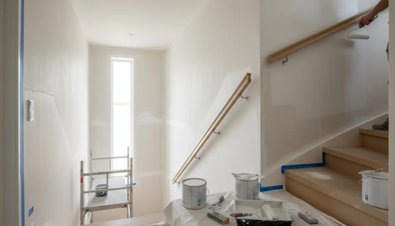 Delvis trappeopgang med stige, lille stillads, spartelværktøj og afdækket dørkarm klar til maling.