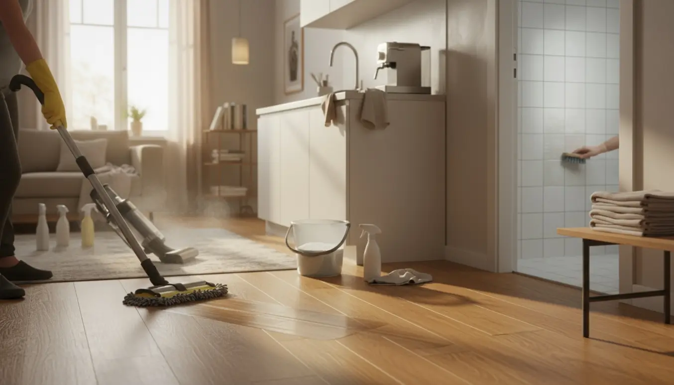 Professionel rengøring i en enkelt indrettet lejlighed med moppe, støvsuger og hænder, der skrubber køkken og badeværelse.