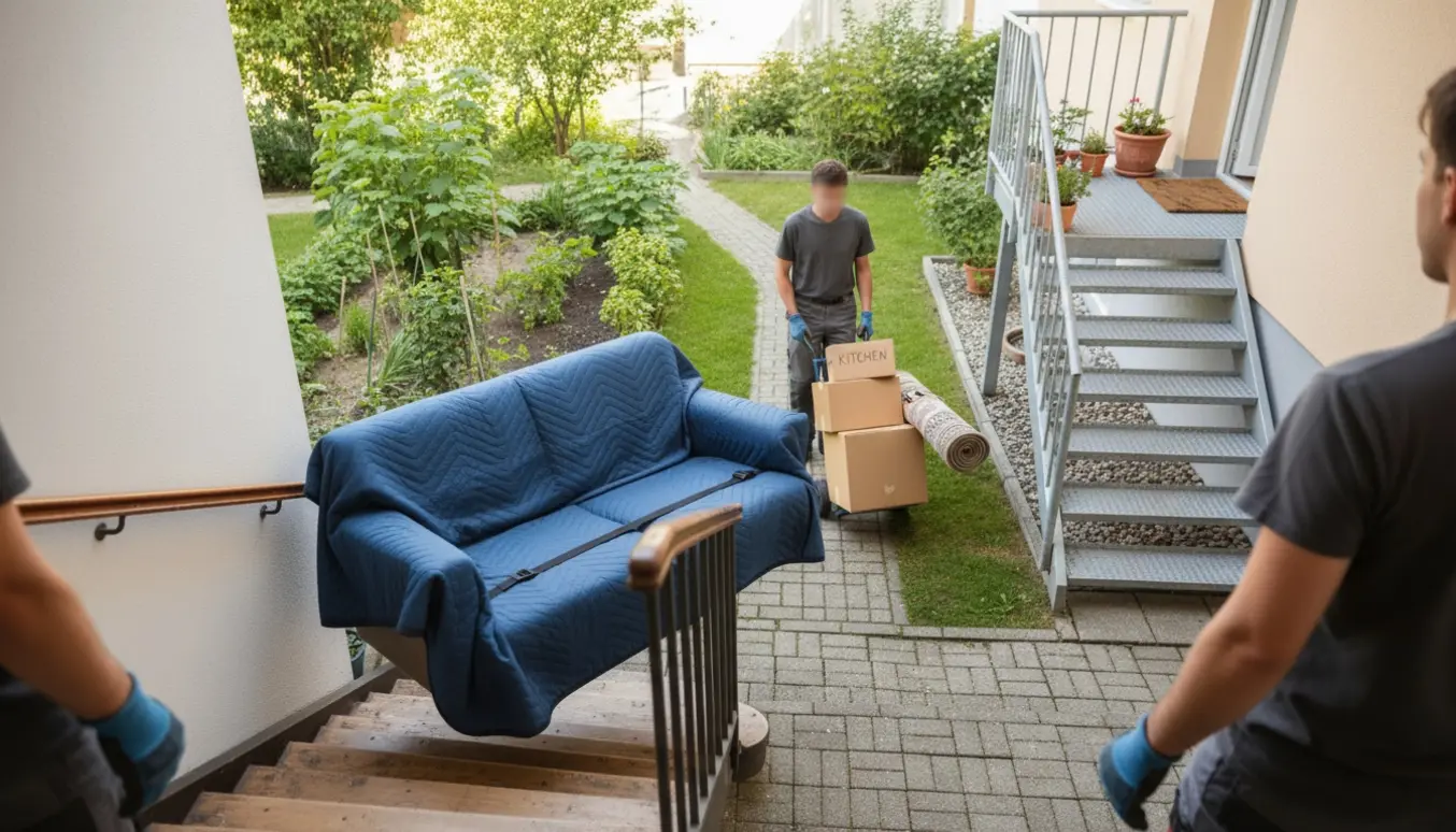 To personer bærer møbler og flyttekasser mellem to lejligheder via en smal indendørs trappe og en udvendig trappe.