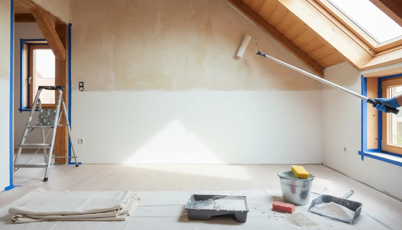 Halvmalet taglejlighed på 50 m² med skrå lofter og malerudstyr i naturligt dagslys.