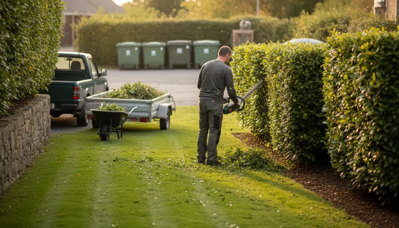 Havemand klipper to hække og slår græsset, mens haveaffald læsses i en trailer klar til genbrugspladsen.