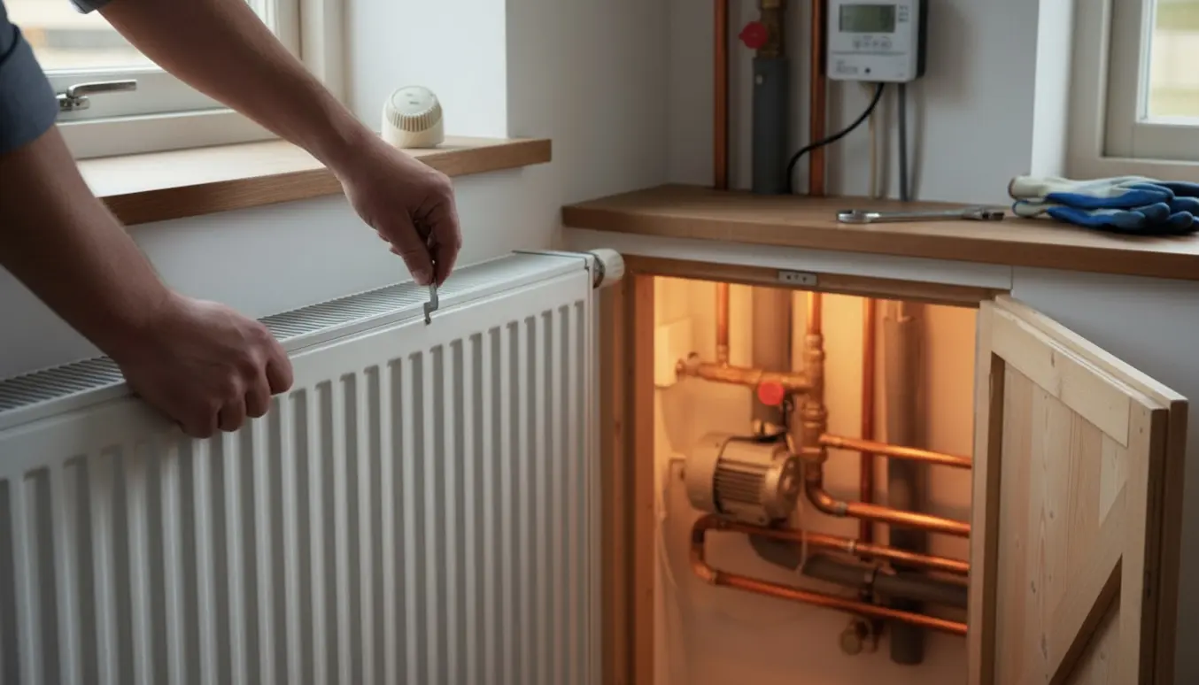 Hænder lufter en kold radiator med en ventilnøgle, mens varme fjernvarmerør ses i kælderen gennem en åben lem.