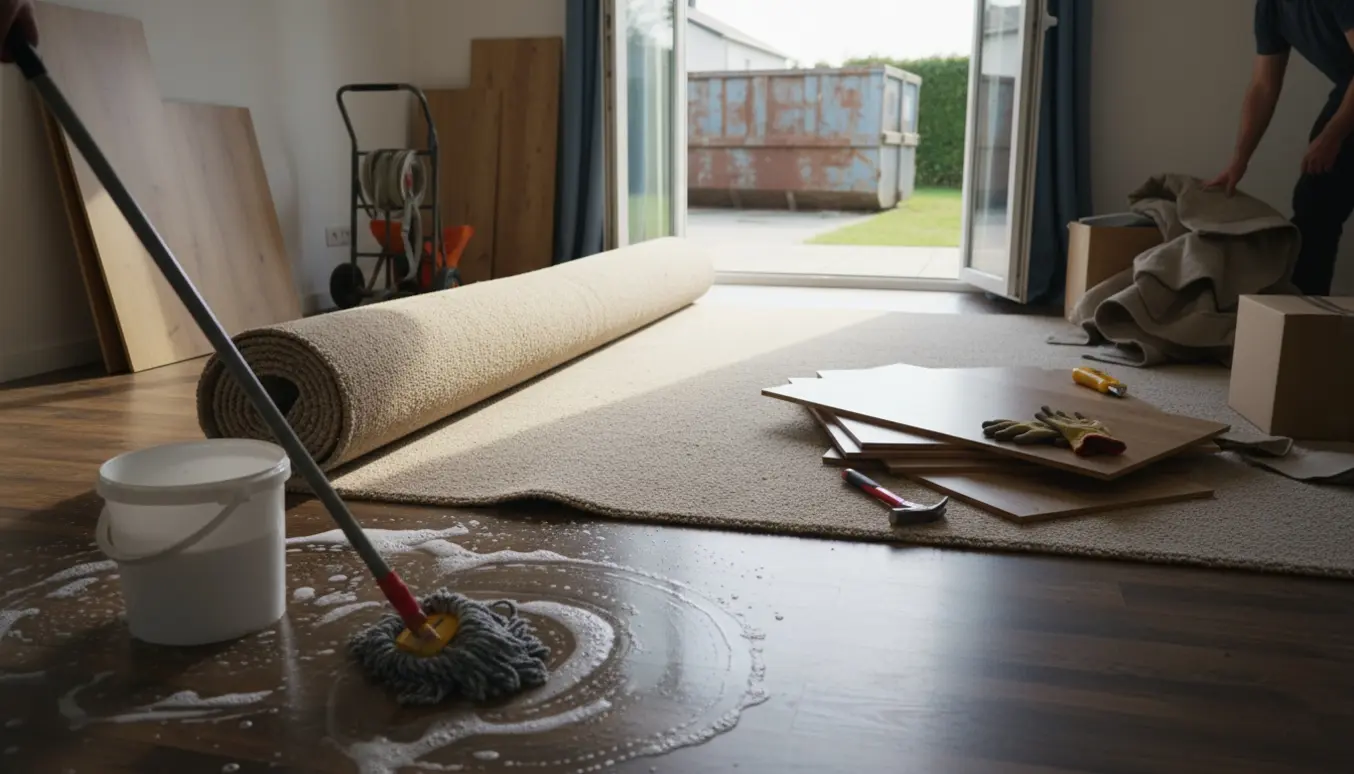 Halvt fjernet tæppe og stakke af laminat ved siden af et nyligt vasket gulv med moppe i et solbelyst rum.