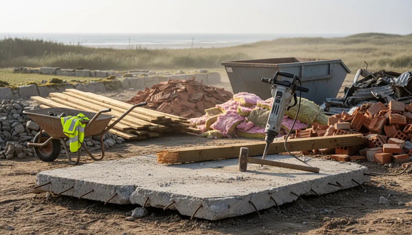 Rydningsplads efter nedrevet sommerhus med bunker af byggematerialer og et større betonskår klar til nedbrydning.