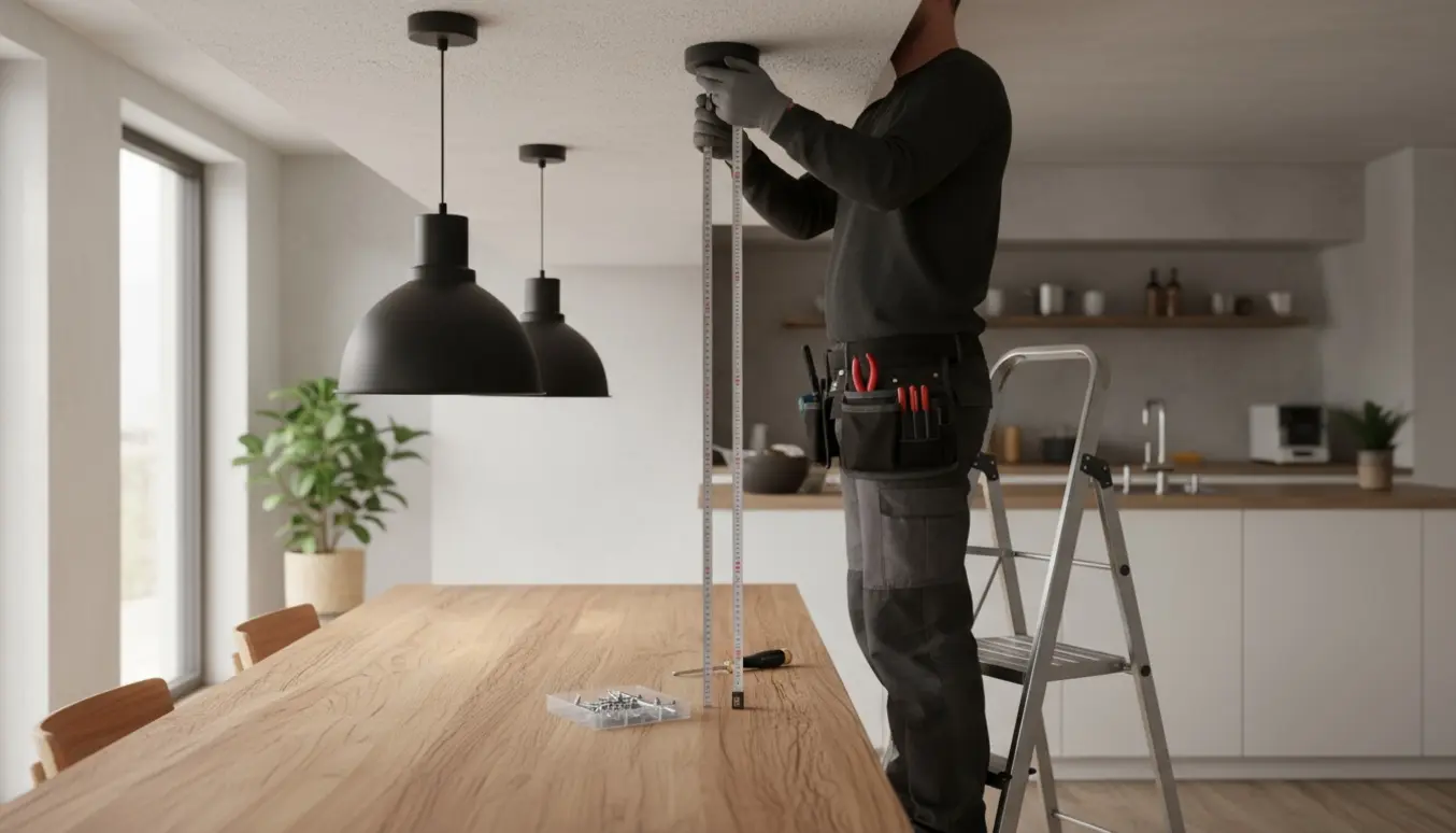 Montør på stige hænger to pendellamper over et træspisebord i et lyst, moderne køkken.