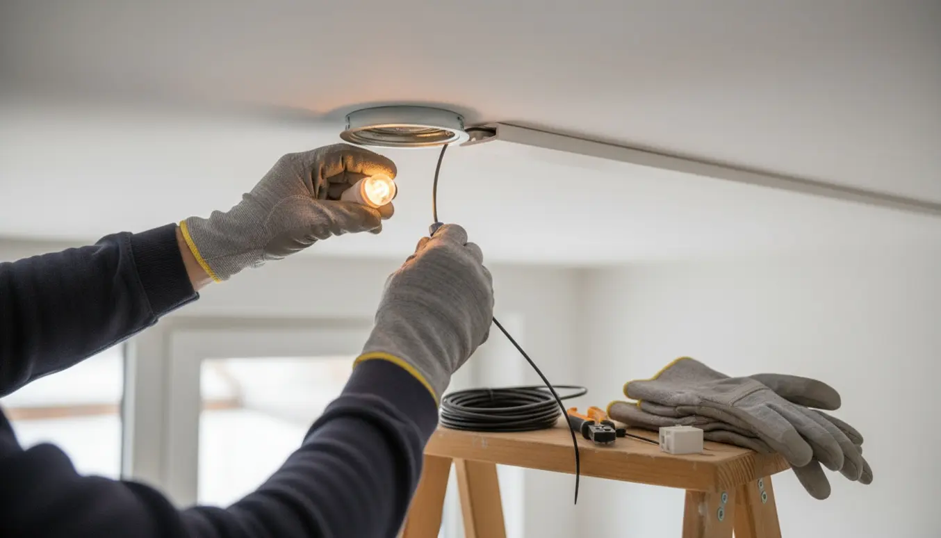 Nærbillede af hænder, der udskifter halogenpærer og lægger kabler i smalle kabelbakker langs loftet.