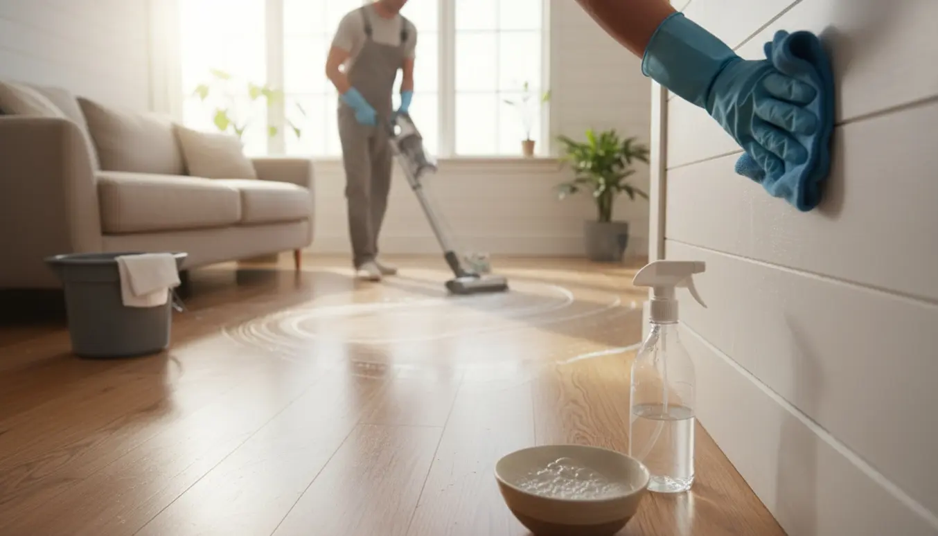 Hovedrengøring i en lys stue med støvsuger, moppe og mikrofiberklud, ansigter ikke synlige.