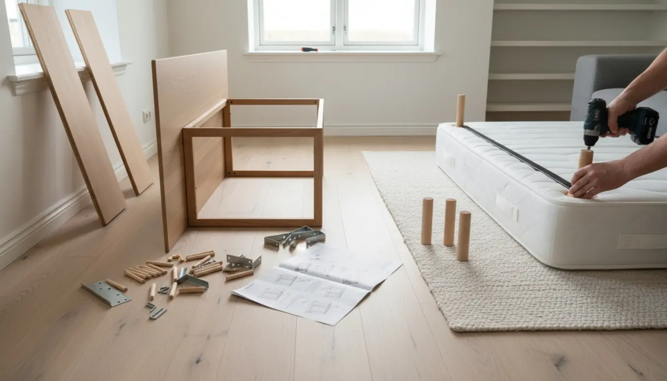 Hænder samler et sofabord og skruer ben på en boxmadras i en lys, skandinavisk stue, med to vindueskarme ved væggen.