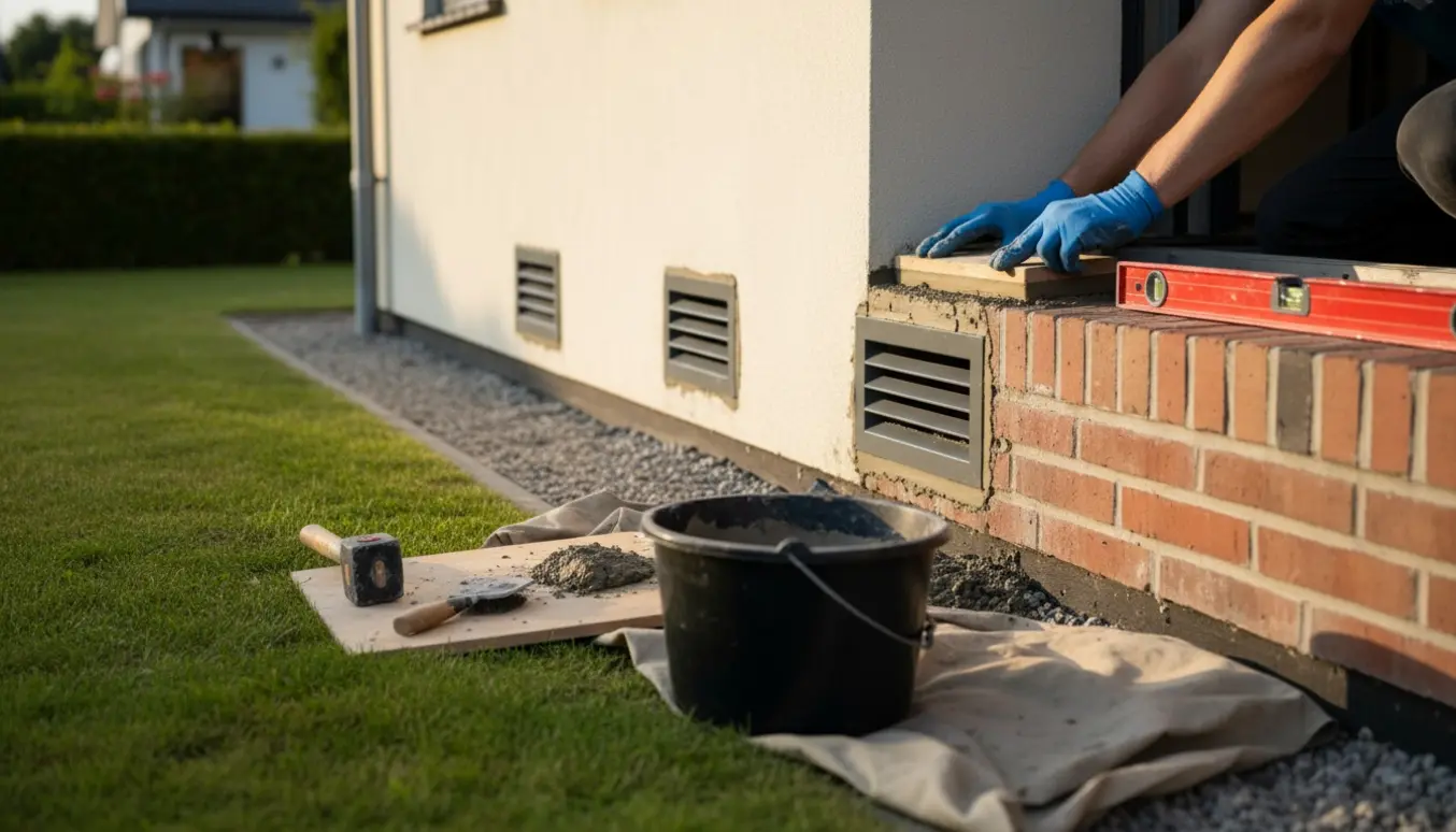 Nærbillede af montering af to sokkelriste i husets sokkel med mørtel og murske.