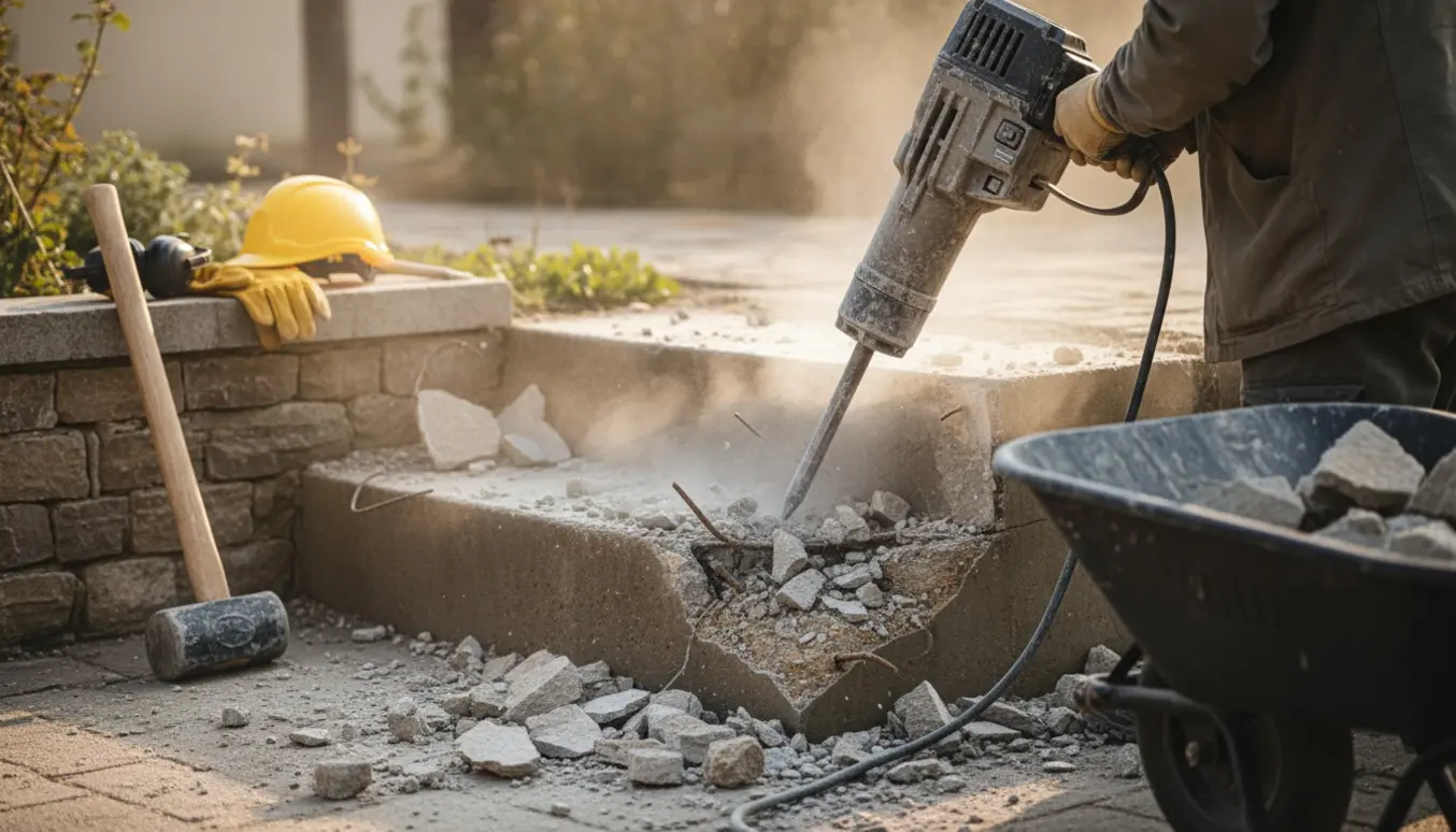 En stor betonhammer bryder en to-trins betongtrappe i stykker med murbrokker og støv i forgrunden.