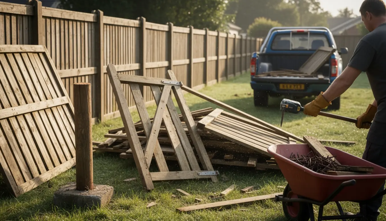 Delvist væltet træhegn og låge bliver skilt ad og læsset i trillebør og varebil klar til bortkørsel.