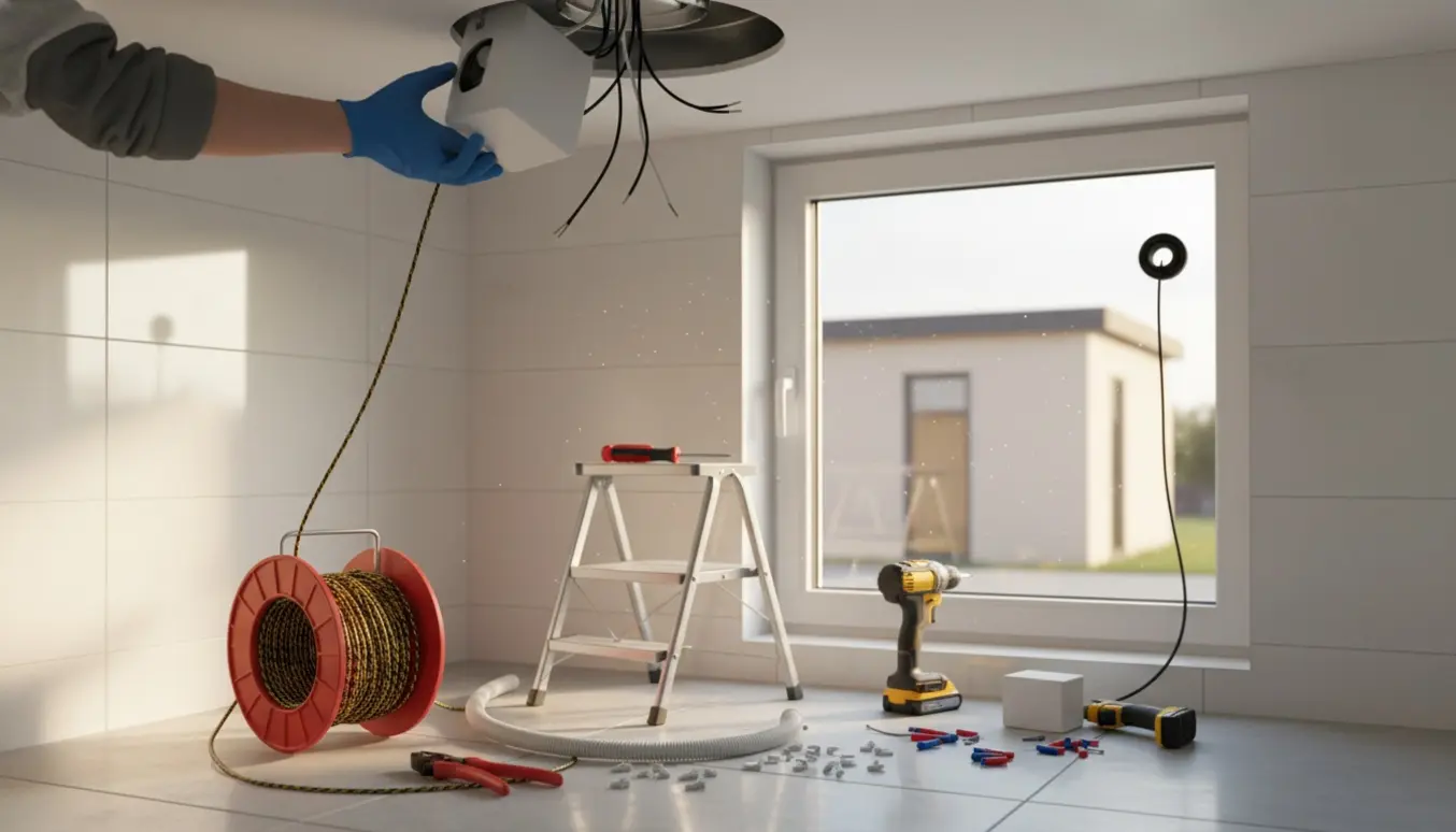 Badeværelse hvor ventilator udskiftes, og kabler trækkes ud mod et anneks.