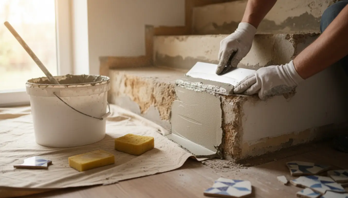 Nærbillede af en trappe med fliser fjernet, hvor en hånd glatter frisk puds på et trin.