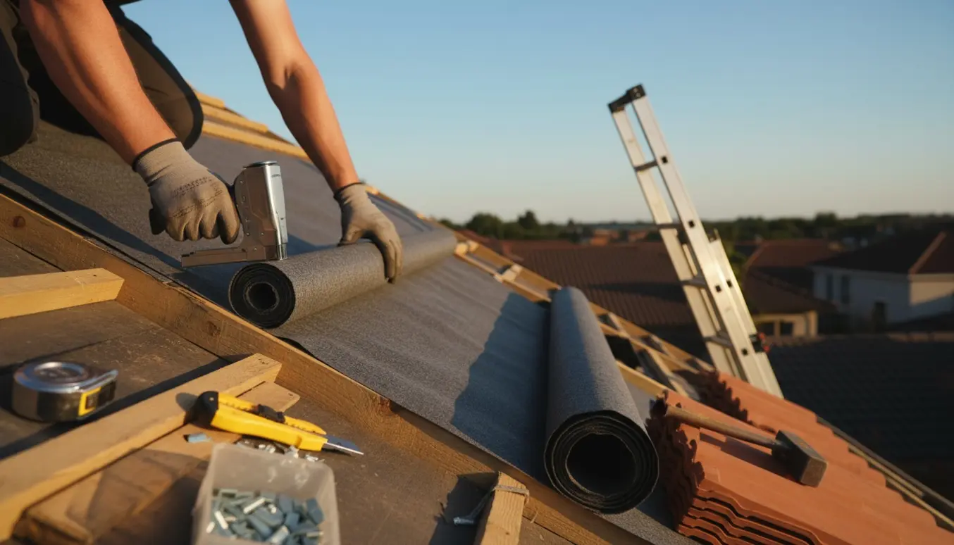 Nærbillede af hænder, der ruller og fastgør undertag på et tag under opbygning.