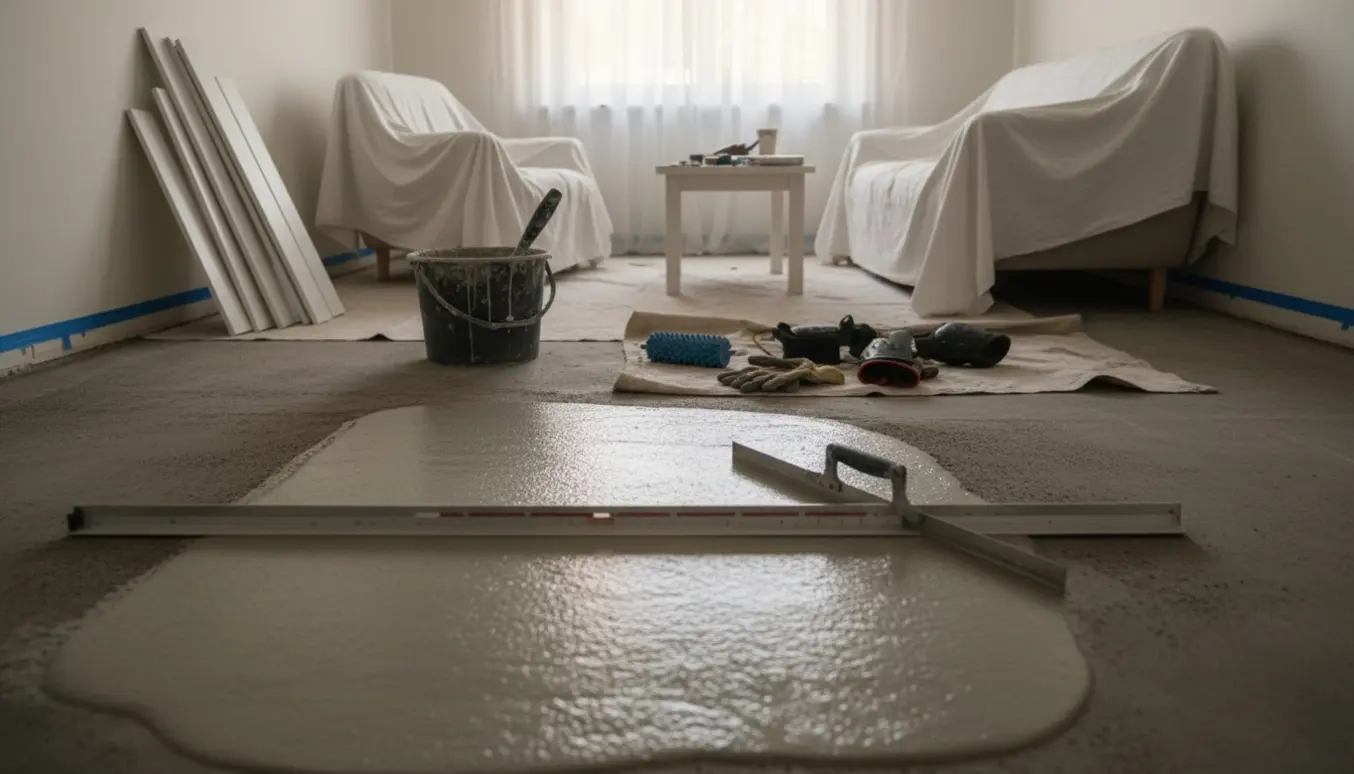 Lille stue under renovering med et betongulv, hvor selvnivellerende mørtel bliver jævnet ud med værktøj.