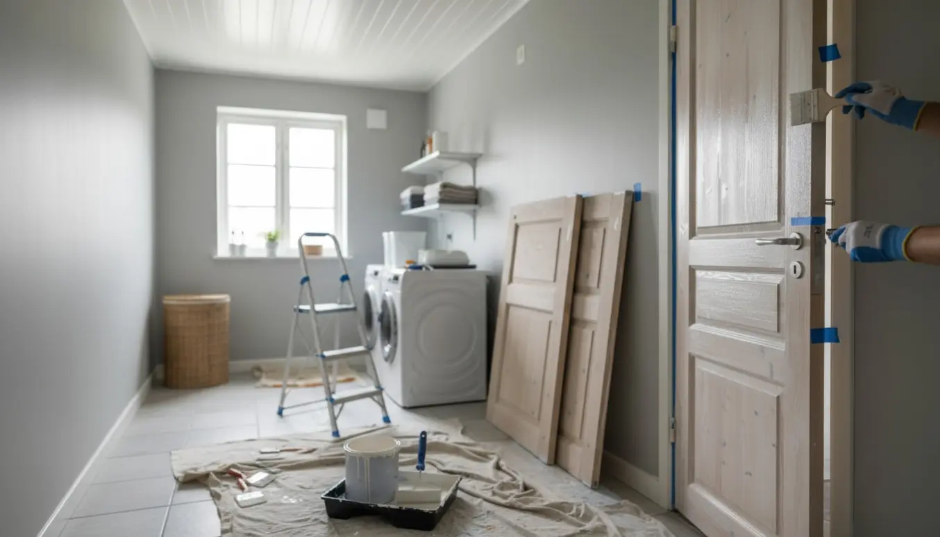 Bryggers under maling med malerværktøj og delvist nymalede vægge, loft, karme og dør.