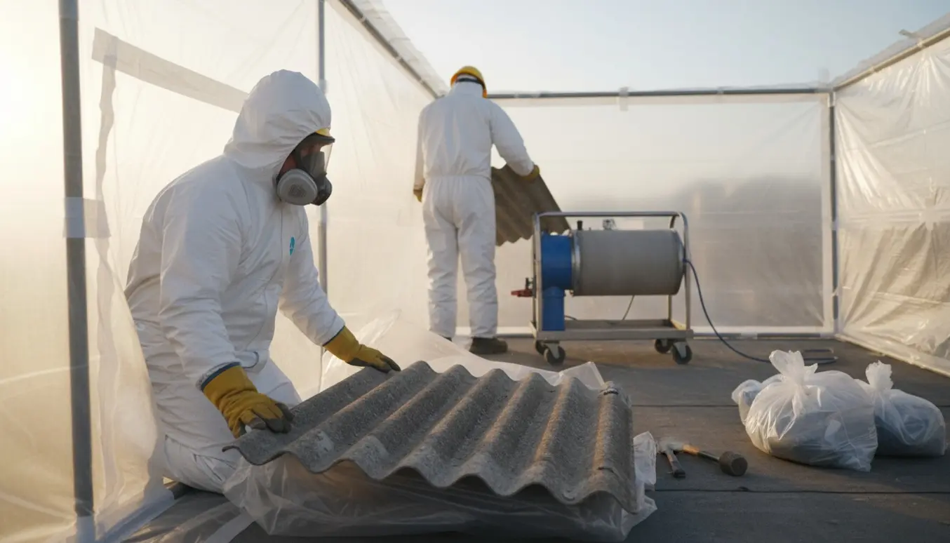 Arbejdere i beskyttelsesdragter fjerner asbestholdige plader fra en bygning under kontrollerede forhold.