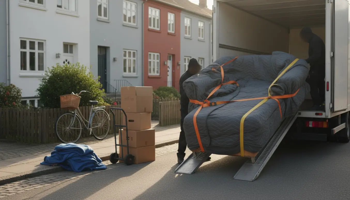 Et flyttehold læsser en indpakket hjørnesofa ind i en flyttebil i et roligt dansk villakvarter.