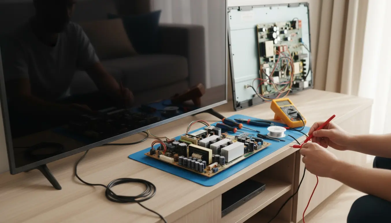 Tekniker tester strømforsyningskortet i en åben 65-tommer OLED-tv i et lyst, ryddeligt hjemmemiljø.