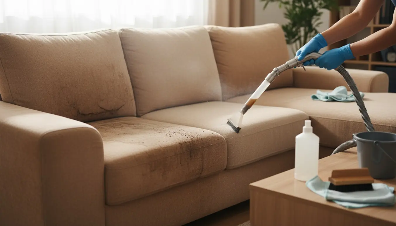 Ældre stor sofa i en lys stue under grundig rensning med en steamekstraktor, hvor før-og-efter-effekten er synlig.