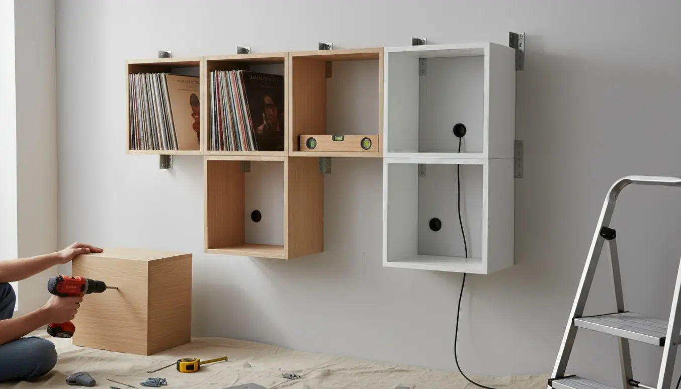 Nærbillede af monterede kube-reoler på væg med LP-plader i nogle rum, værktøj og kabelgennemføringer.