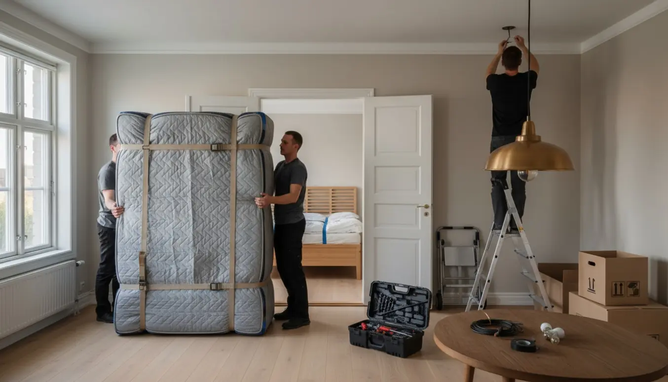 Flytning af stort skab og seng i lejlighed, mens en elektriker monterer en lampe.