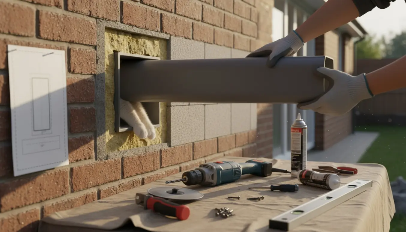 Håndværker monterer en dyb kattelem i en dobbeltmuret væg, med værktøj og kattens poter synlige.