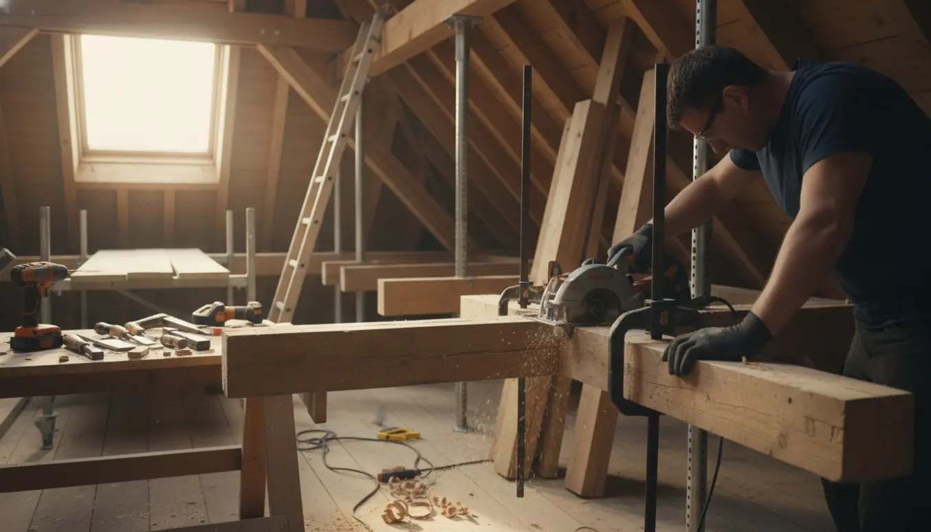Tømrer afkorter og genmonterer kravebjælker i et tagrum med stillads og værktøj.