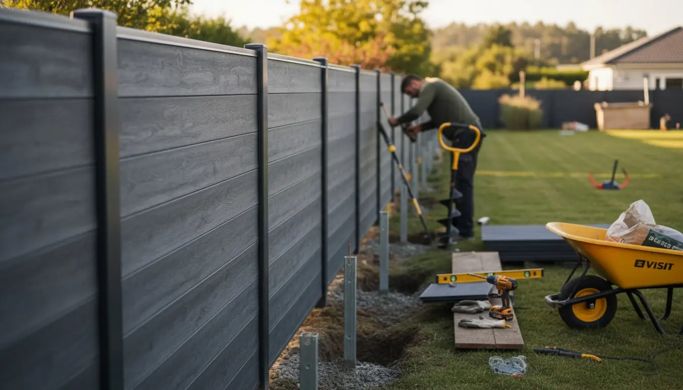 Installation af 1,6 m højt komposithegn i baghave med værktøj og materialer, håndværker uden synligt ansigt.