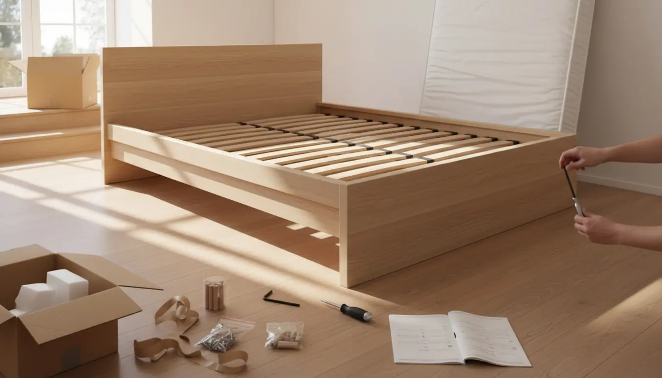 Samlet 140x200 seng i lyst soveværelse med monteringsværktøj og åbne papkasser ved trappen.