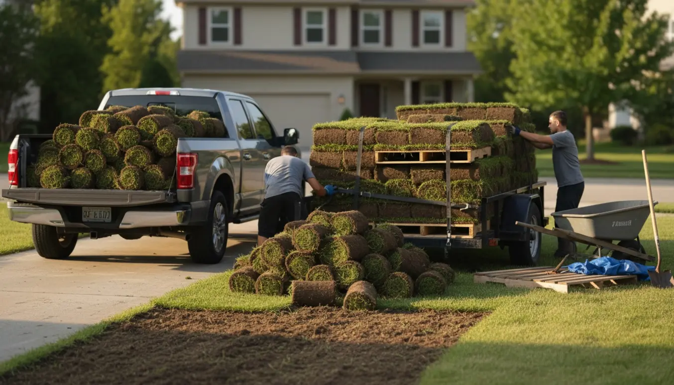 Trailer og varebil læsses med friske ruller græstørv i en solbelyst indkørsel, med hænder og værktøj synlige.