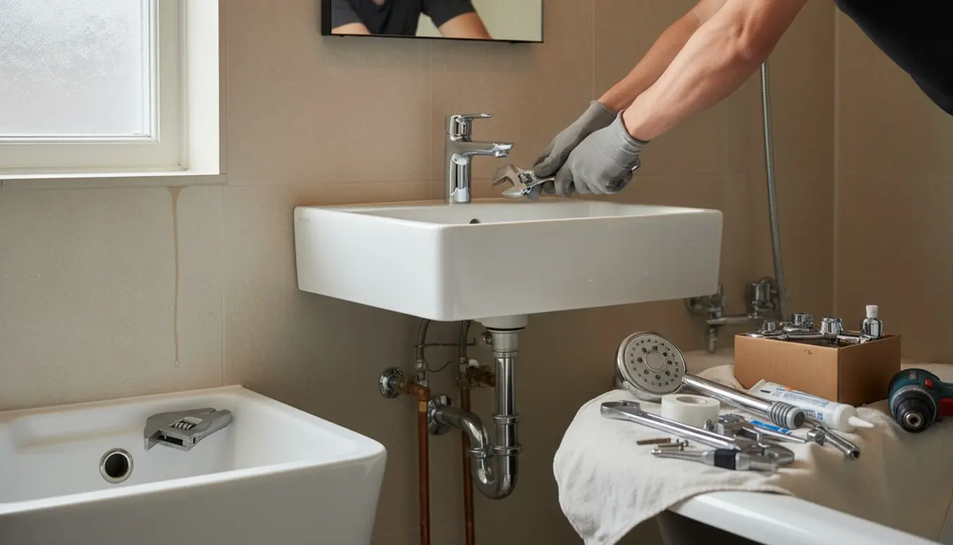 Hænder monterer en ny håndvask og kromvandhane i et lyst badeværelse under renovering.