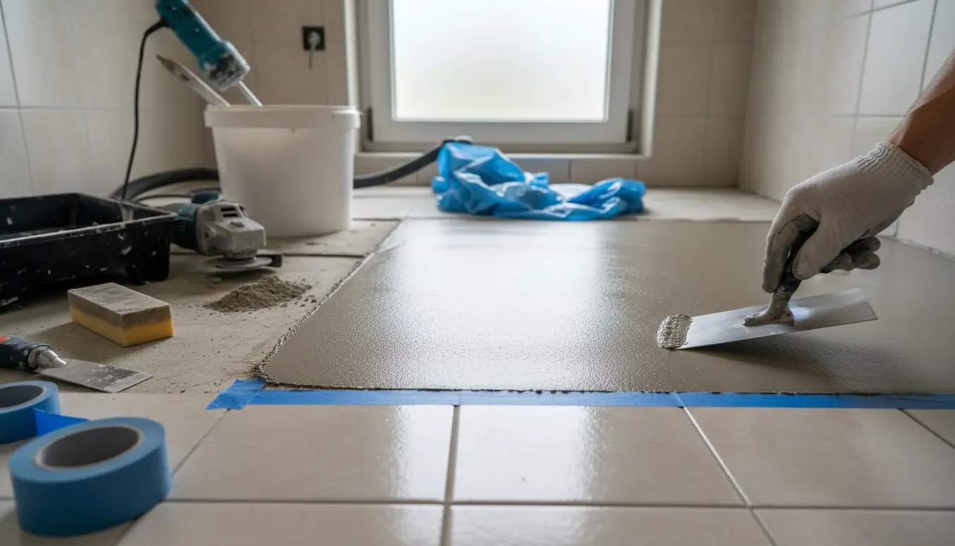 Mikrocement gulv i et badeværelse under påføring med værktøj og delvist synlige fliser.