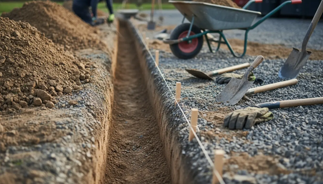 Nærbillede af en 3 meter lang rende til fundament i grusjord med spade, stikspade, rendeskov og trillebør ved siden af.