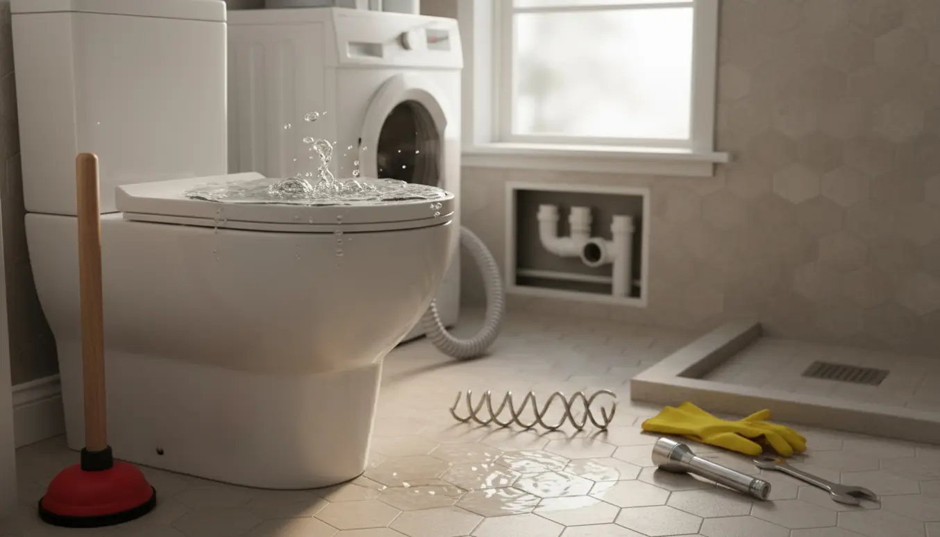 Et moderne badeværelse med et klukkende toilet, plunger og åben kloakadgang.
