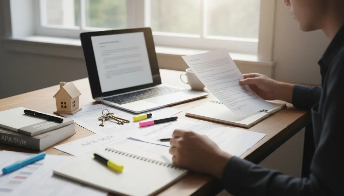 Hænder gennemgår udkast og noter ved en bærbar og papirer om boligudlejning ved et solbelyst skrivebord.