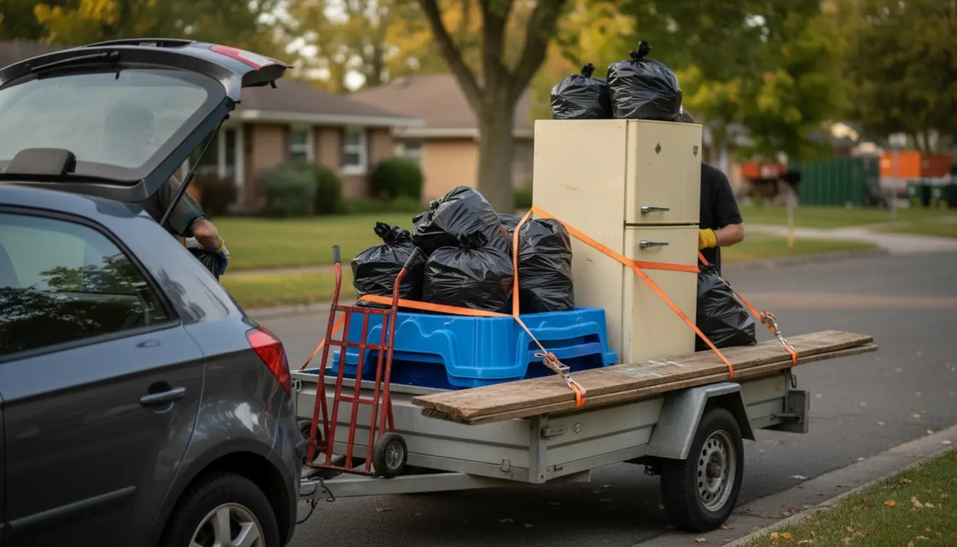 En bil med åben bagklap og en lille trailer fyldt med køleskab, sandkasse, affaldssække og en træplade på vej mod genbrugspladsen.