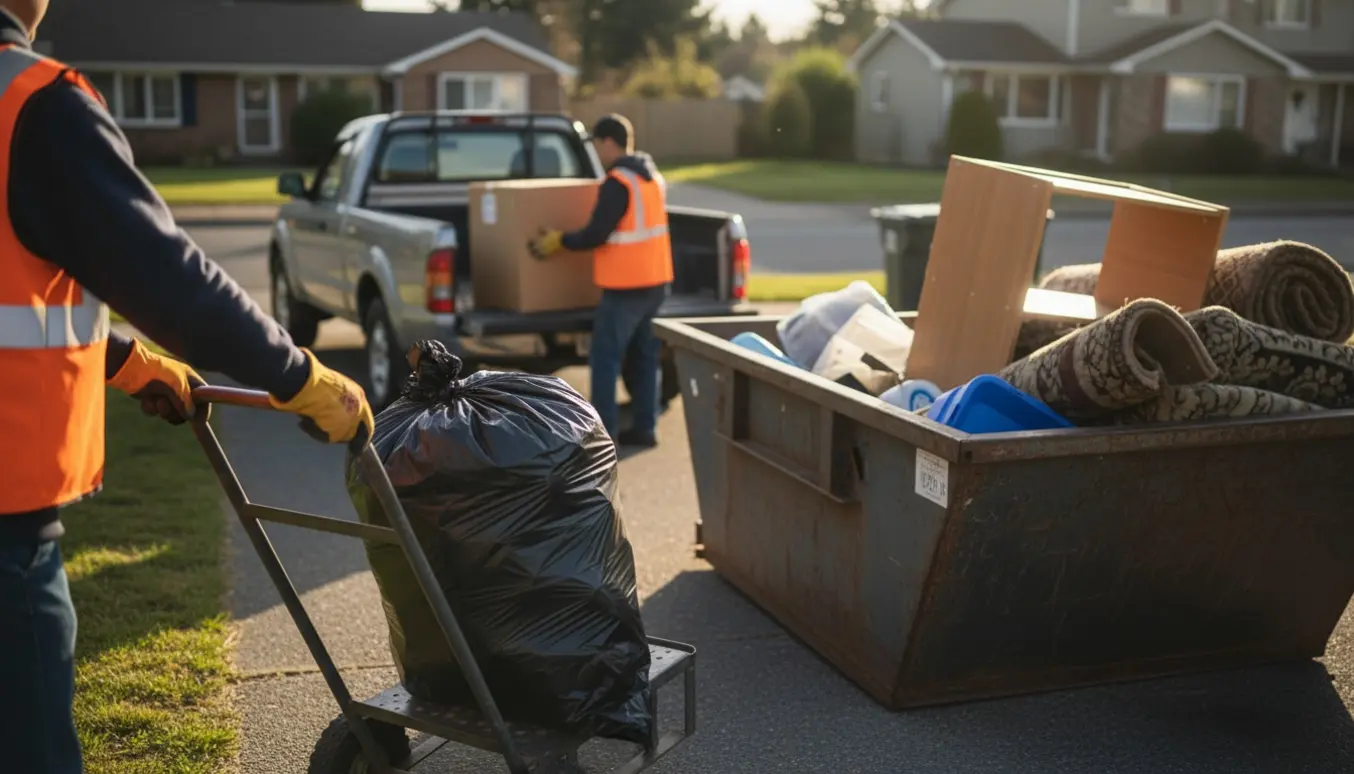 Bortførsel af affald på en indkørsel med skraldesæk, pap og arbejdere set bagfra.