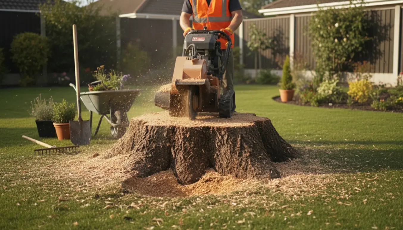 Rodfræsning af en stor træstump i en have, med en fræser der efterlader en planteklar fordybning.