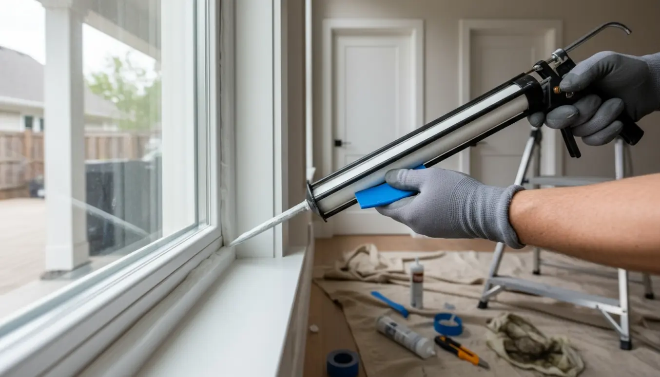 Nærbillede af hånd, der fuge med fugepistol rundt om et nyt vindue i et lyst rum.