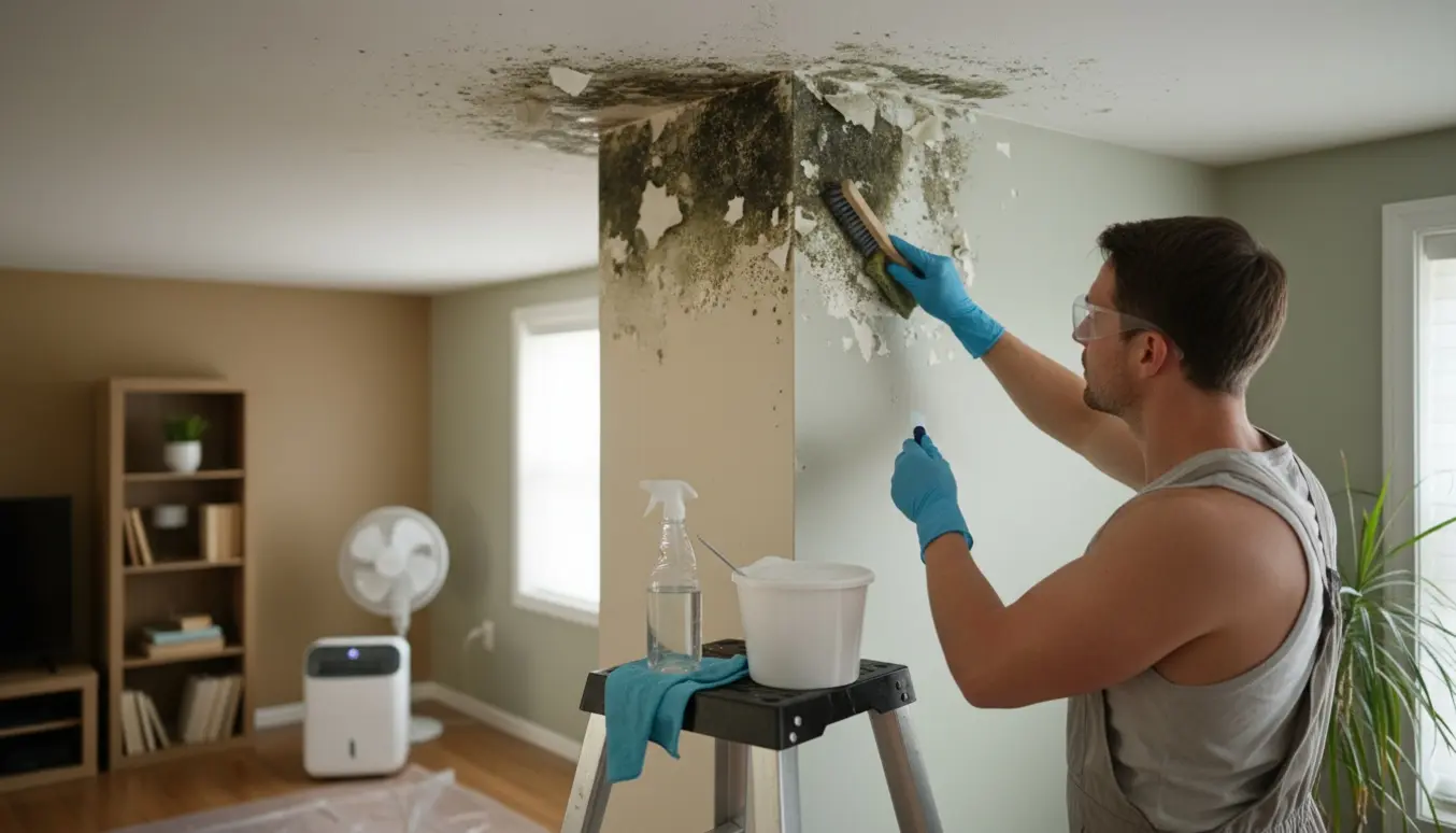 Hænder i handsker skrubber skimmelsvamp i loftets hjørne med stige, spand og affugter i baggrunden.