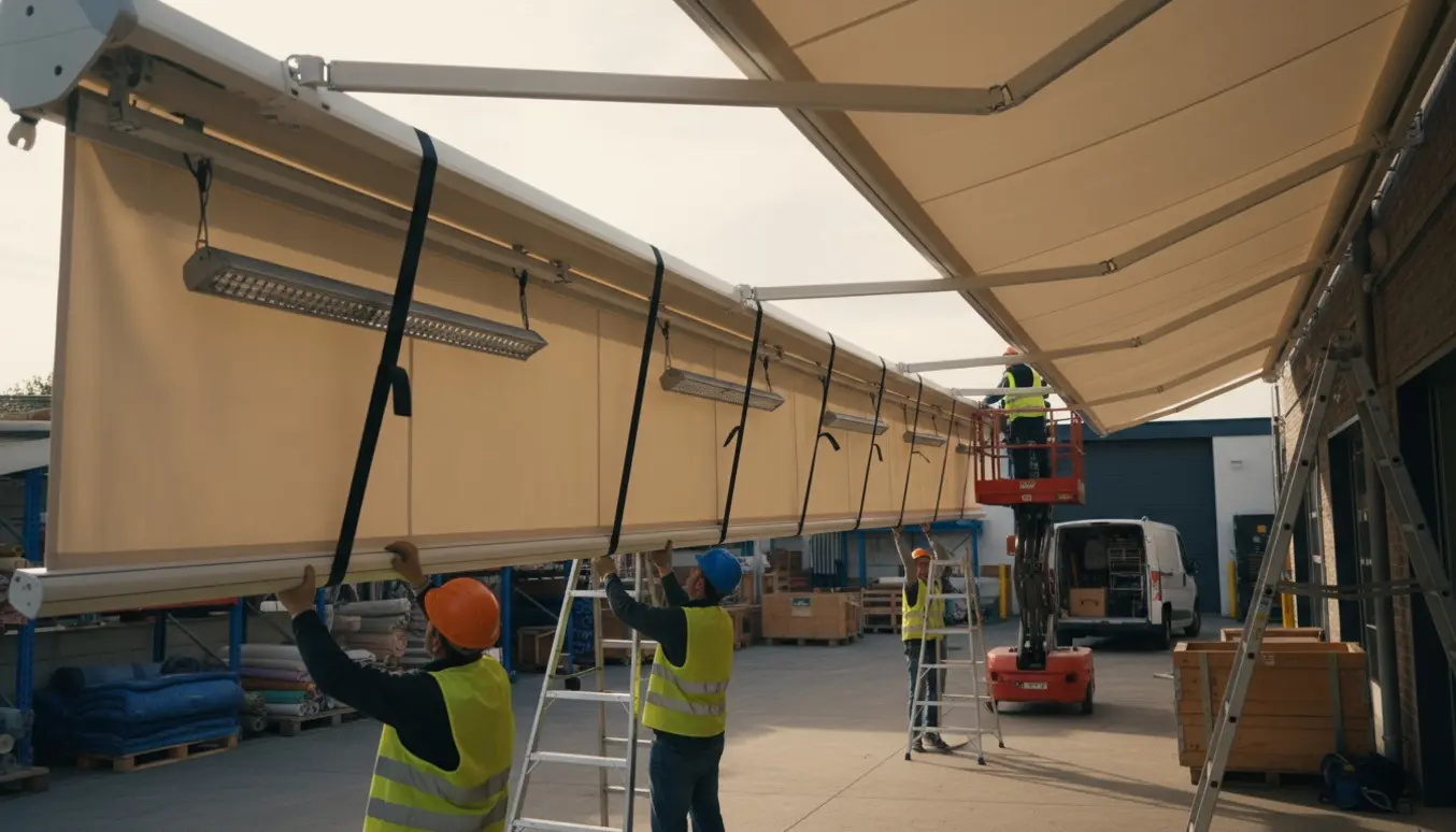 Arbejdere i sikkerhedsudstyr tager en stor 10 meter markise ned fra en butiksfacade og opmagasinerer den i baghaven.